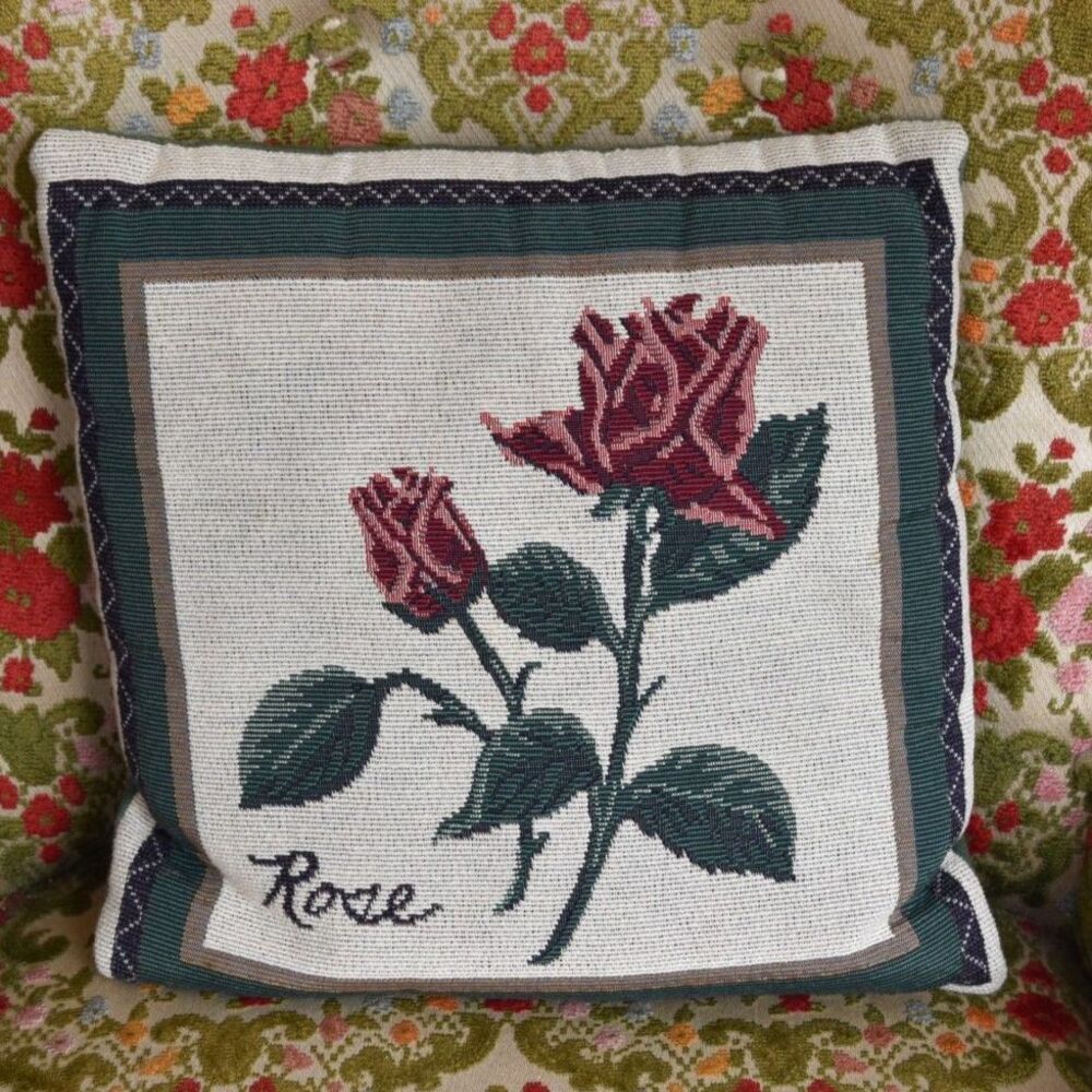 Vintage Style Red Rose Tapestry Throw Pillow Cottagecore 12x12 Green Cream